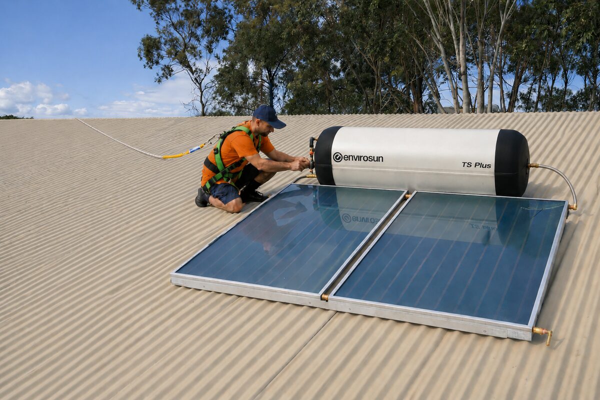 An installer fitting an Envirosun TS Plus solar hot water system on a corrugated roof