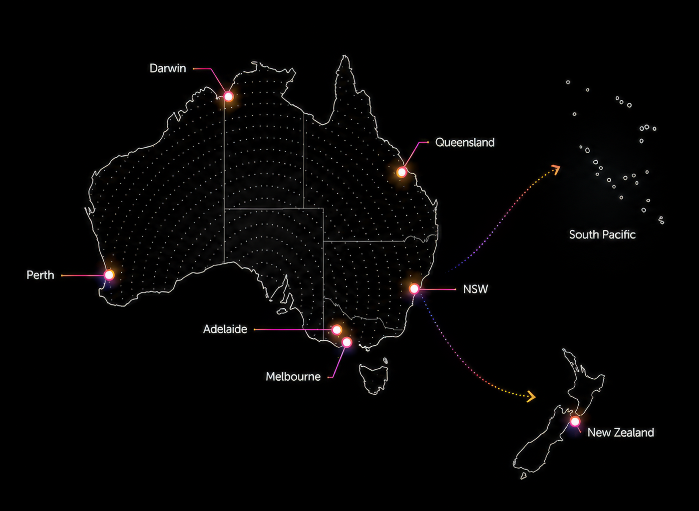Map of Australia and New Zealand marking Darwin, Perth, Adelaide, Melbourne, Queensland, NSW, New Zealand and the South Pacific