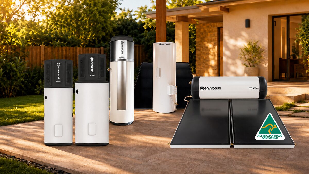 The Envirosun product family — heat pumps and a solar hot water system on a patio